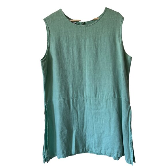 Bryn Walker Linen Top Sz Lg Green Sleeveless Tunic Lagenlook Side Vents Breezy - Picture 1 of 13